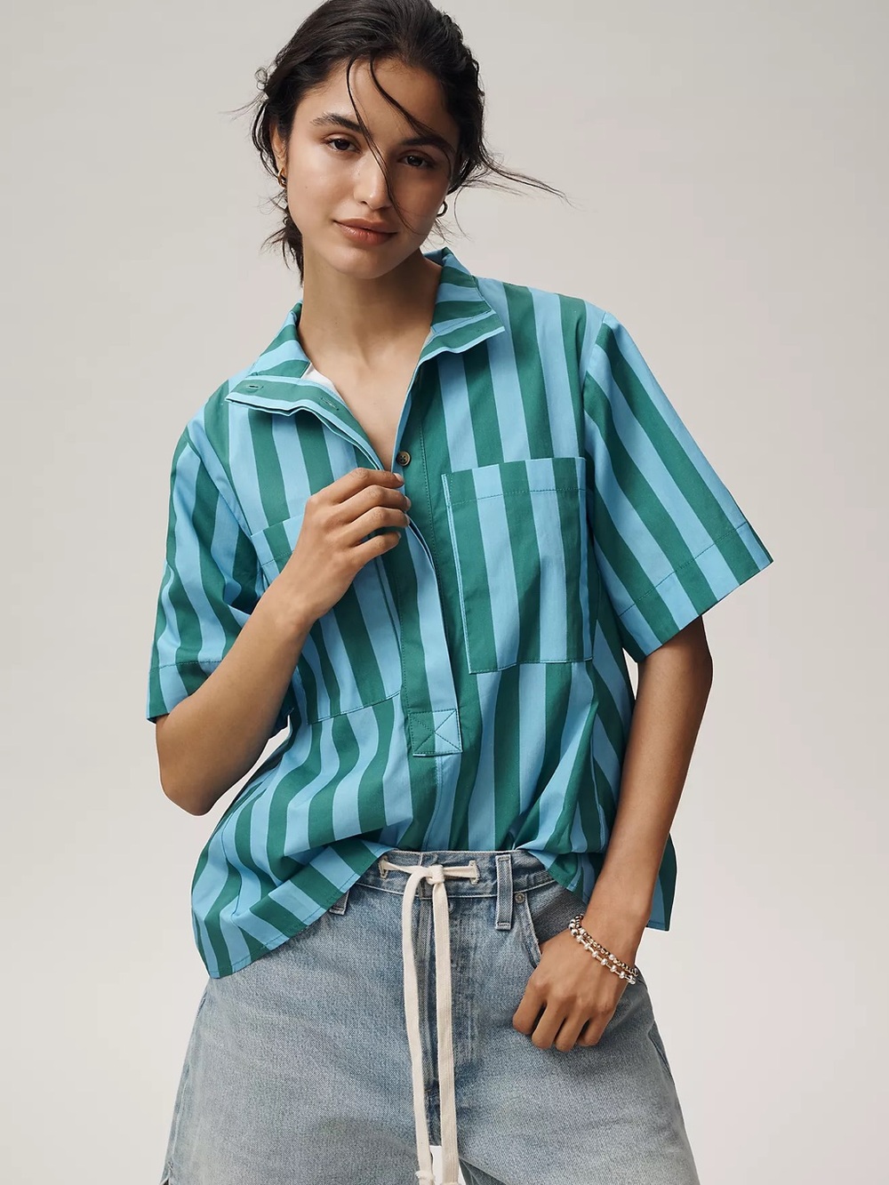 Anthropologie Jeannie Popover Swing Top by Maeve Blue Green Stripe Size Medium